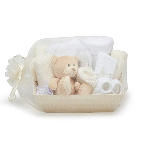 Cesta de bebé neutral, con envoltura de forro polar, toalla con capucha, ropa de bebé, 2 paños de muselina y lindo oso de peluche marrón