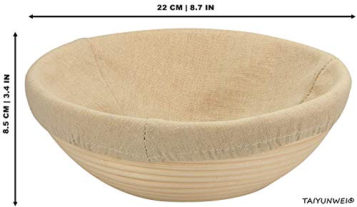 Cesta de Prueba, TAIYUNWEI 22x8.5cm Grande Cesta Fermentación Redonda, Cesta para Panificación, Masa Madre de Ratán Natural, Cesta de Prueba para Panaderos Caseros (con Tela de Lino)