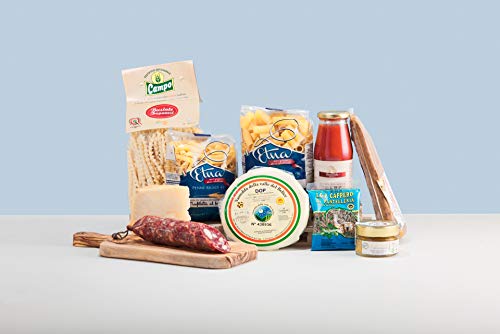 CESTA GASTRONOMICA GIUGIU IDEA DE REGALO PRODUCTOS ITALIANOS, ATUN BOTTARGA, PASTA, VASTEDDA, PECORINO, SALSA DE TOMATE, LEMON SALAMI, CAPPERI