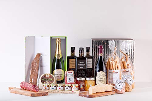 CESTA GASTRONOMICA GOURMET P&V4 IDEA DE REGALO PRODUCTOS ITALIANOS, CHAMPAGNE, BOTTARGA, SPECK, ATUN, PISTACHO PECORINO, MIEL, PARMESANO