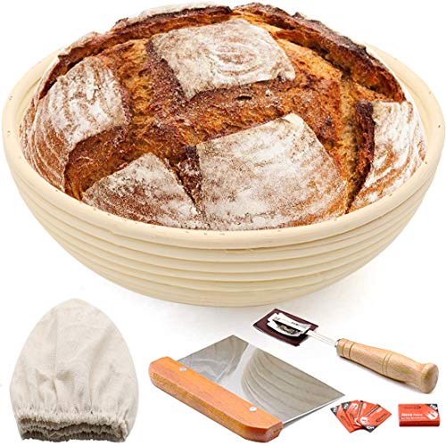 Cesta redonda para pan de 25,4 cm, para masa fermentada, kit de cuenco para hornear masa ascendente, regalos para hacer pan artesanal, incluye forro de lino, raspador de masa de metal, 5 cuchillas