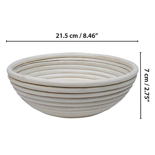 Cestas para Pan - 2 Pack (21,5cm (8.46") de Ancho y 7cm (2.75") de Alto) Hasta 500g - Madera de Ratán Cesta Levar Masa - Cestas de Mimbre para Leudar Masa Pan, Pizza, Pasteles - Cuenco para Masa