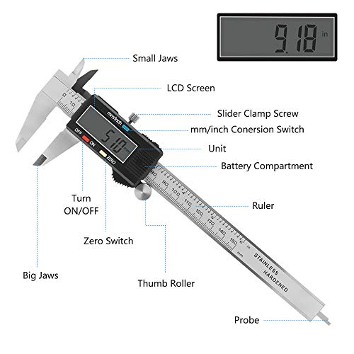 CestMall Calibrador pie de rey 0-150mm Vernier Caliper LCD Digital Regla Electrónica Fibra de carbono Vernier Caliper Calibre Medición de diámetro exterior,profundidad y precisión de paso:±0,1mm