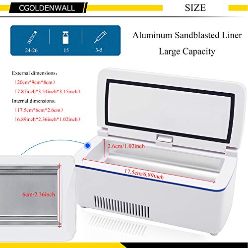 CGOLDENWALL Refrigerador de Medicamento Ultra Silencioso Nevera de Insulina Portátil de Tamaño 175x60x26mm丨con Temperatura Constante: 2-8℃丨de Fuente de Alimentación Multimodo (de 12 Horas)