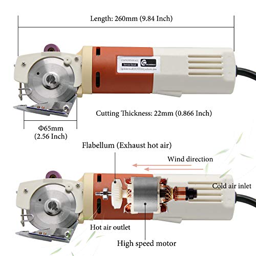 CGOLDENWALL YJ-65 Cortador de Tela Industrial Eléctrico丨Tamaño de Cuchilla: 65mm丨Grosor Máximo de Corte: 22mm丨Ideal para Textil Cuero Papel Y Más con Cuchilla Repuesto