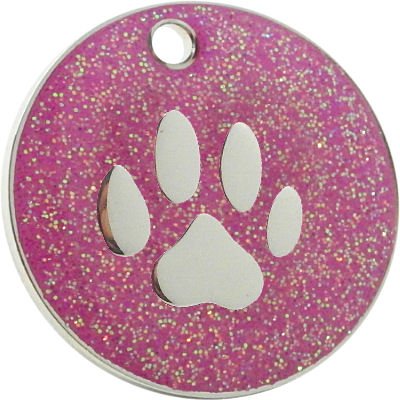 Chapa identificativa para perros, de 25 mm, diseño con purpurina y figura de pata (personalizable)