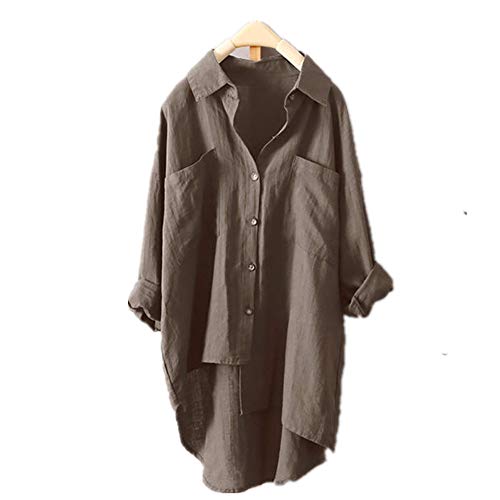 Chaqueta de cáñamo de algodón de cáñamo para mujer, estilo casual, de color sólido, con doble bolsillo, manga larga Marrón café XL