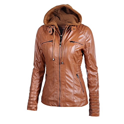 Chaqueta de Cuero para Mujer Cremallera Color sólido Empalme Retirable Encapuchado Corto Saco