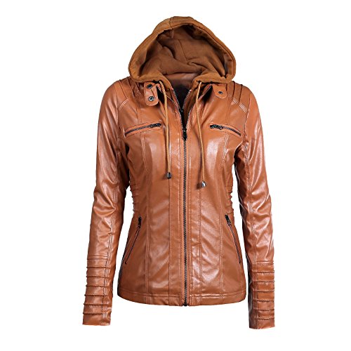 Chaqueta de Cuero para Mujer Cremallera Color sólido Empalme Retirable Encapuchado Corto Saco