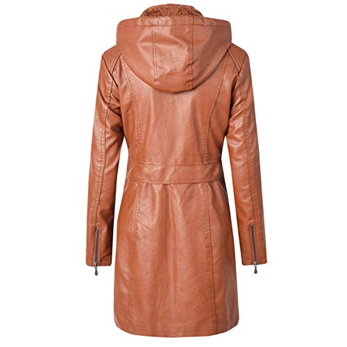 Chaqueta de Cuero para Mujer Cremallera Longitud Media Retirable Encapuchado Saco