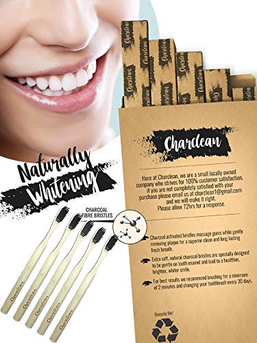 CharcleanPaquete de 5 cepillos de dientes con infusión de carbón, cerdas ultrasuaves, blanqueamiento natural, mango ergonómico suave al tacto, Bambú, 5 uds. por paquete,