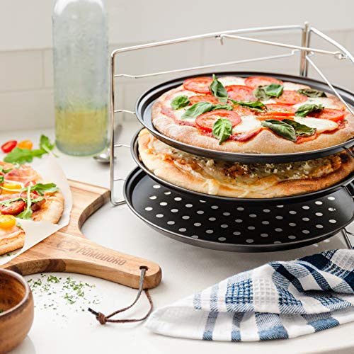 Chef Pomodoro - Juego de pizzas con 3 bandejas para pizza y bandeja para pizza, antiadherente, para horno