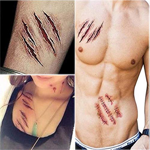 Chengzhi Tatuajes Temporales (10 Hojas) - Halloween Zombie Cicatrices Tatuajes Pegatinas con Falso Scab Sangre Especial Fx Costume Maquillaje Props