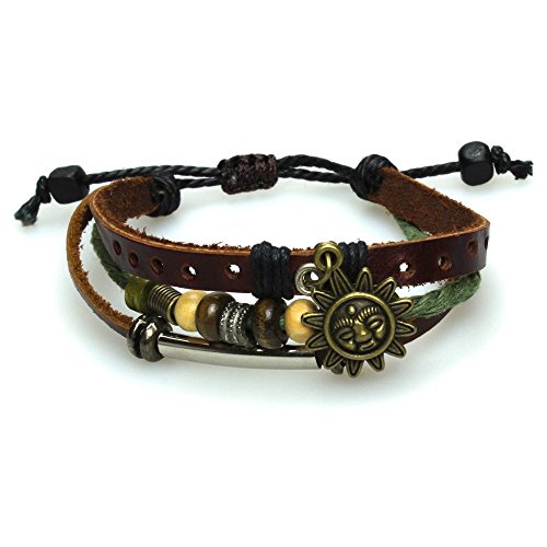 CHIC de Net Surfer pulsera de piel sol cara agujeros banda Madera Brass ajustable piel cuerda perlas sin níquel