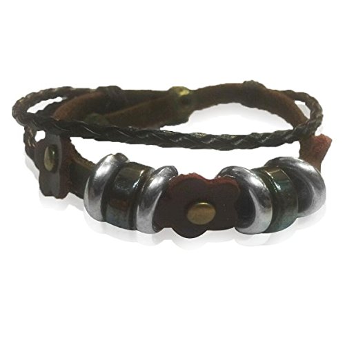 Chic-net Surfer pulsera de piel trenzada cuero flor Brass regulable cuero madera cordón cinta anillos sin níquel