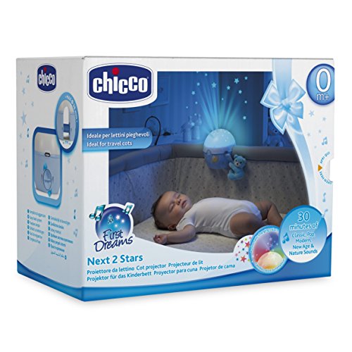 Chicco Next2Stars - Proyector con efecto de luces, estrellas y melodías para cunas y mesilla, color azul