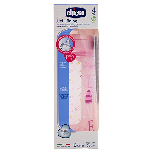 Chicco Wellbeing - Biberón con tetina de silicona y flujo rápido para bebé de 4 meses en adelante, 330 ml, color rosa, 1 unidad, modelo surtido