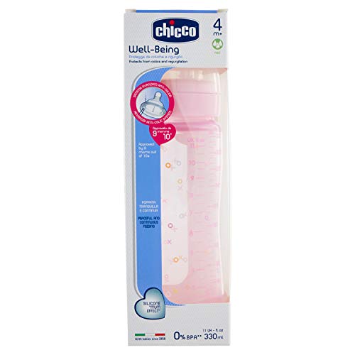 Chicco Wellbeing - Biberón con tetina de silicona y flujo rápido para bebé de 4 meses en adelante, 330 ml, color rosa, 1 unidad, modelo surtido