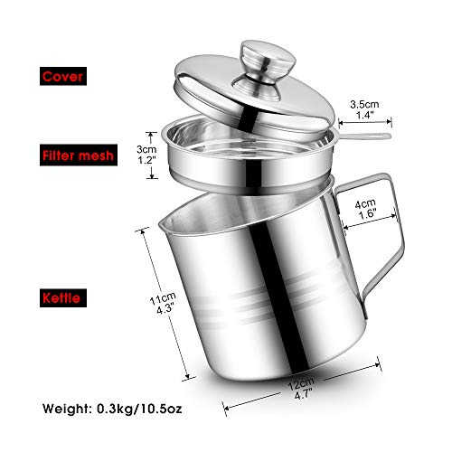 Chihee Filtro de Aceite, Recipiente de Grasa en Lata, 1,2 L Acero Inoxidable. Recipiente o pote de Lata con Filtro de Malla Fina, Adecuado para almacenar Aceite de fritura y Grasa de Cocina