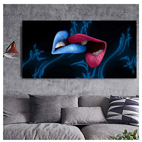 Chihie Labios Abstractos y Azules Besos Parejas Impresión de póster Pintura al óleo Cuadros de Pared para Sala de Estar Espejos sin marco-50X100cm Sin Marco