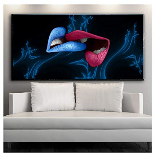 Chihie Labios Abstractos y Azules Besos Parejas Impresión de póster Pintura al óleo Cuadros de Pared para Sala de Estar Espejos sin marco-50X100cm Sin Marco