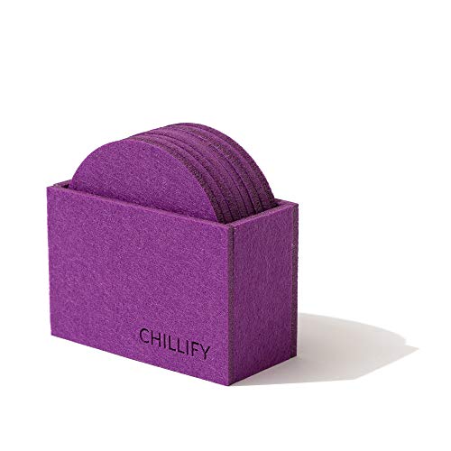 chillify – Juego de 8 Posavasos de diseño en Fieltro con Caja de Almacenamiento – Lavables, absorbentes, Antideslizantes y Resistentes al Calor – Protección de Mesa – Redondos, 10 x 10 cm, Violetas