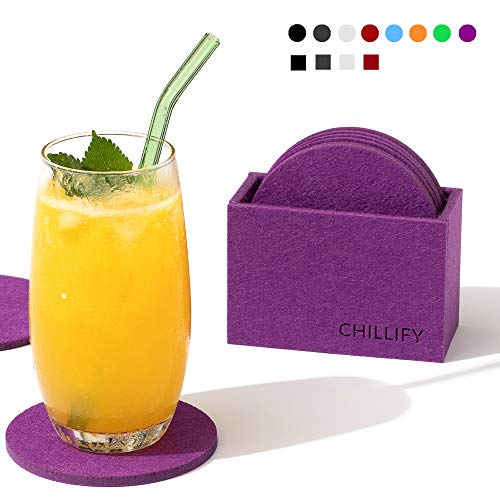 chillify – Juego de 8 Posavasos de diseño en Fieltro con Caja de Almacenamiento – Lavables, absorbentes, Antideslizantes y Resistentes al Calor – Protección de Mesa – Redondos, 10 x 10 cm, Violetas