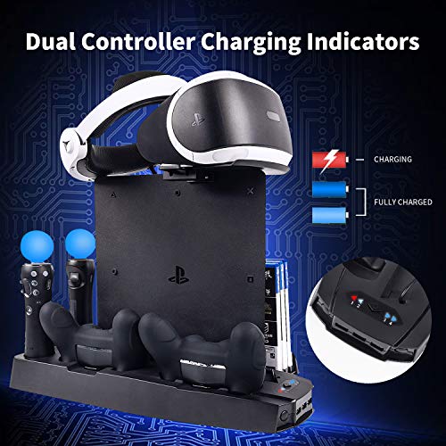 CHIN FAI Soporte Vertical de Carga PSVR, Stand Vertical PS4 Pro /PS4 Slim/ PS4, [Todo en 1] Accesorio PS4 Playstation VR, Refrigerador PS4,Cargador para Mandos DualShock 4 & PS Move