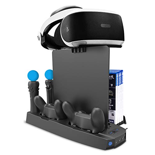 CHIN FAI Soporte Vertical de Carga PSVR, Stand Vertical PS4 Pro /PS4 Slim/ PS4, [Todo en 1] Accesorio PS4 Playstation VR, Refrigerador PS4,Cargador para Mandos DualShock 4 & PS Move