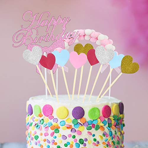 Chingde Decoracion Tarta cumpleaños, 12 Piezas corazón Cake Toppers Happy Birthday Decoracion Tarta Hairball Arch Cake Toppers Personalizado para Decoraciones de Pastel de cumpleaños de Fiesta