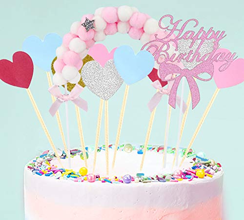 Chingde Decoracion Tarta cumpleaños, 12 Piezas corazón Cake Toppers Happy Birthday Decoracion Tarta Hairball Arch Cake Toppers Personalizado para Decoraciones de Pastel de cumpleaños de Fiesta