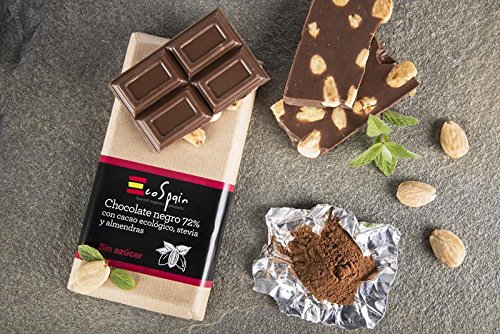 Chocolate negro 72% con cacao ecológico, almendras y stevia. Sin azúcar añadido. Apto para diabéticos. 150 Gr. Sin gluten