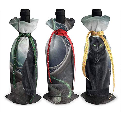 Christmas Wine Cover,Halloween Black Cat Magic Spider Webs 3Pcs Bolsas De Botellas De Vino Tinto De Navidad Para El Hogar Amigos De La Familia