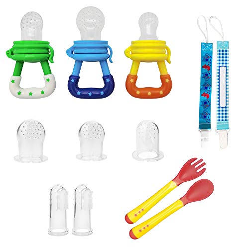 Chupete Fruta,Pinza de Chupete, Cucharas de Alimentación para bebés, Cepillo de Dedo para bebé, Funda de Silicona de repuesto(12 Piezas en Total) (multicolor)