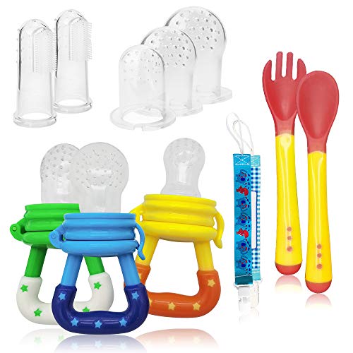 Chupete Fruta,Pinza de Chupete, Cucharas de Alimentación para bebés, Cepillo de Dedo para bebé, Funda de Silicona de repuesto(12 Piezas en Total) (multicolor)