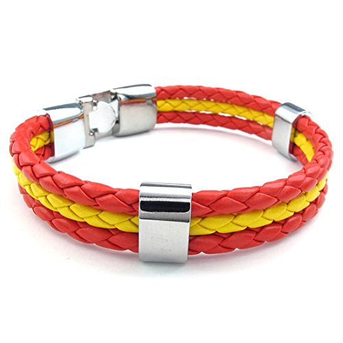 Cikuso Pulsera Joyeria Aleacion Bandera de Cuero para Espana para Hombres y Mujeres - Ancho 1.4 cm - Longitud 23 cm Amarillo Rojo