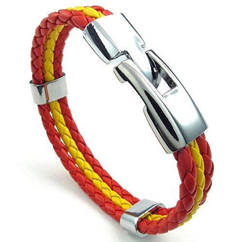 Cikuso Pulsera Joyeria Aleacion Bandera de Cuero para Espana para Hombres y Mujeres - Ancho 1.4 cm - Longitud 23 cm Amarillo Rojo