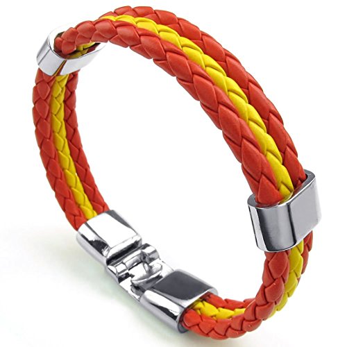 Cikuso Pulsera Joyeria Aleacion Bandera de Cuero para Espana para Hombres y Mujeres - Ancho 1.4 cm - Longitud 23 cm Amarillo Rojo