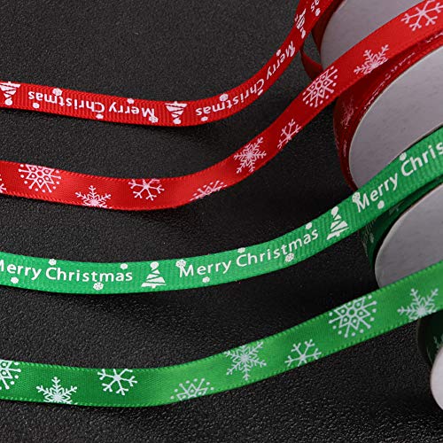 Cinta de Navidad, 4 Rollos de copos de nieve Cintas de árbol de Navidad con las palabras Feliz Navidad Cinta de raso verde roja para regalos de bricolaje Decoración Envoltura de regalos, 22 m / 25 yd