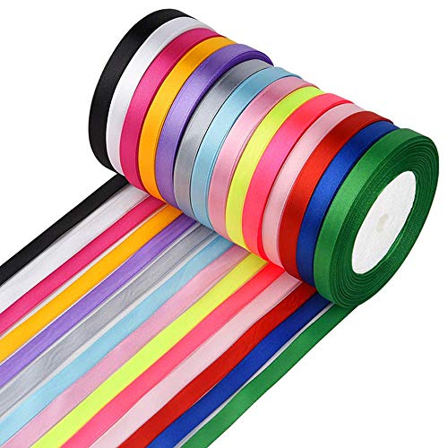 Cinta de Raso Cintas de Satén Colores Mezcla Rollo de Raso de Doble Cara Satén de Seda para Embalaje Decoración de Regalo Cajas Flores Boda Navidad (14 Colores-10mm*322m)