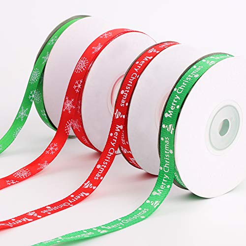 Cinta de Raso de Navidad Satén 100 yardas Rojo Verde Árbol de Navidad Copos de nieve Cinta de tela cinta satinado Merry de Navidad para regalos de bricolaje,Lazos para el cabello,Tela artesanal,Boda