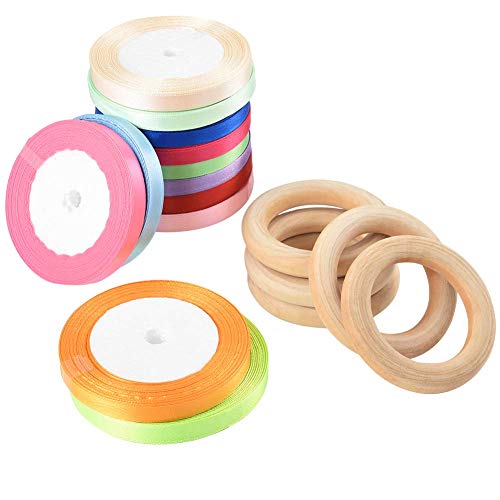 Cizen - 12 cintas de raso de color mixto para bomboneras, con 5 anillos de madera, para manualidades, regalo, casa, fiesta, decoración