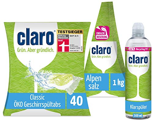 claro Classic Set de Limpieza para Lavavajillas con 40 Pastillas para Lavavajillas Eco Classic - 1kg de sal para Lavavajillas - 500ml Rinse Aid