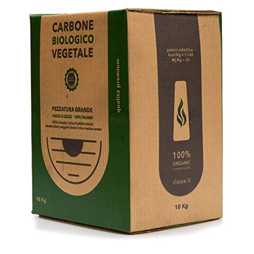 Clase Italia - Caja de 10 kg biológica Vegetal de Madera de Haya y Lectura Italiana - 10 kg - Carbón Vegetal/carbón, Parrilla, Parrilla o Barbacoa de Mesa sin Humo, Color Negro