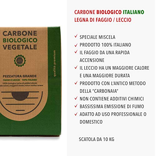 Clase Italia - Caja de 10 kg biológica Vegetal de Madera de Haya y Lectura Italiana - 10 kg - Carbón Vegetal/carbón, Parrilla, Parrilla o Barbacoa de Mesa sin Humo, Color Negro