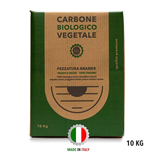 Clase Italia - Caja de 10 kg biológica Vegetal de Madera de Haya y Lectura Italiana - 10 kg - Carbón Vegetal/carbón, Parrilla, Parrilla o Barbacoa de Mesa sin Humo, Color Negro