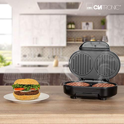 Clatronic HBM 3696 - Grill parrilla para calentar hamburguesas, antiadherente, 2 x moldes de 10,5 cm, bandeja recoge grasa, 1000W