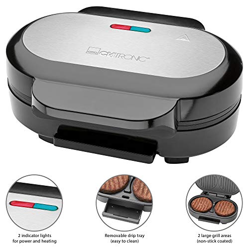 Clatronic HBM 3696 - Grill parrilla para calentar hamburguesas, antiadherente, 2 x moldes de 10,5 cm, bandeja recoge grasa, 1000W