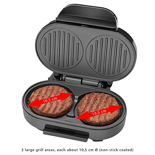 Clatronic HBM 3696 - Grill parrilla para calentar hamburguesas, antiadherente, 2 x moldes de 10,5 cm, bandeja recoge grasa, 1000W