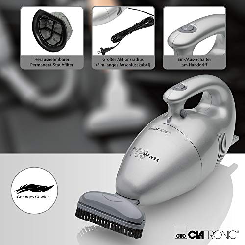 Clatronic HS 2631 Aspirador de mano, tamaño compacto, 700 W, 0.8 litros, 36 Decibelios, De plástico, Plateado